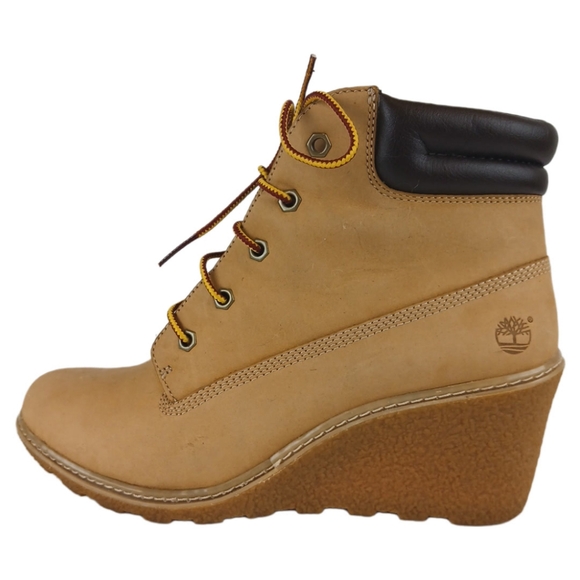 Timberland 8 Tan Brown Red Yellow Wedge Booties Ankle Boots Womens Laces Leather - Picture 8 of 16